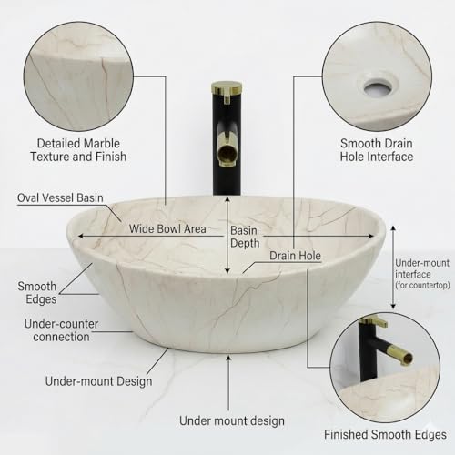 Image of Ceramic Tabletop Wash Basin - Glossy Bowl Shape Countertop Vessel Sink with Marble Finish for Bathroom & Vanity | Compact 16 x 13 x 5 Inch | Elegant Washbasin