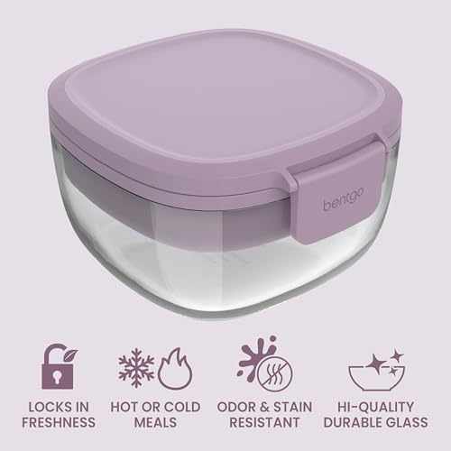 Bentgo® Glass All-in-One Salad Container - Large 61-oz Salad Bowl with Lid, 4-Compartment Bento-Style Tray, 3-oz Sauce Container, and Reusable Fork - Dishwasher, Microwave, and Oven Safe (Lavender)