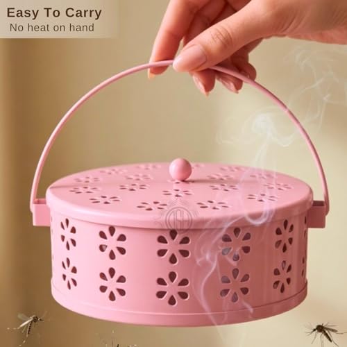 Image of DSH Metal Mosquito Coil Holder with Lid & Handle Ash Catcher Stand for Mosquito Coil Indoor Outdoor Safe Use (Pink)