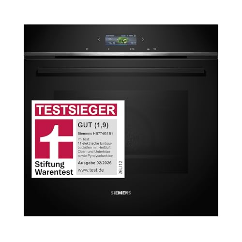 Siemens HB774G1B1, Stiftung Warentest Testsieger*, iQ700 Smarter Einbau-Backofen 60x60 cm, Made in Germany, activeClean Pyrolyse & humidClean Hydrolyse, Air Fry, Automatikprogramme, Touchscreen