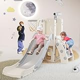 Babytronic Toddler Slide, 6 in 1 Kids Indoor Slide for Toddlers 1-3, Baby Indoor and Outdoor Climber Playset, Kids Slide with Basketball Hoop and Telescope, Toddler Outdoor Playground(White&Gray)