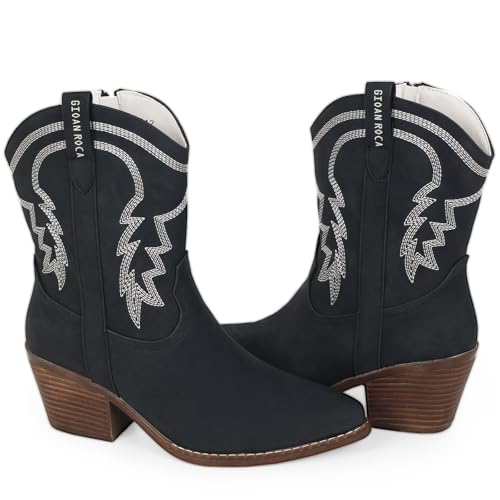 Cowboy Boot for Women,Western Embroidered Cowgirl Booties with Pointed Toe Side Chunky Heel Zipper Women Ankle Booties2