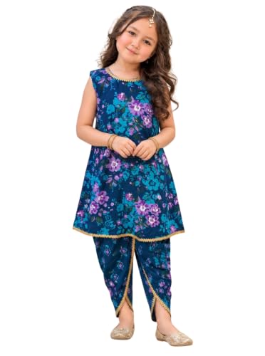 Image of superminis Girls Cotton Sangakari Print A Line Style Sleeveless, Round Neck Kurti and Dhoti with Elastic Closure Ethnic Wear