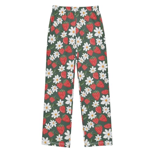 Strawberry and White Flower O Long Pajama Pants Bottoms Soft Sleepwear with Pockets