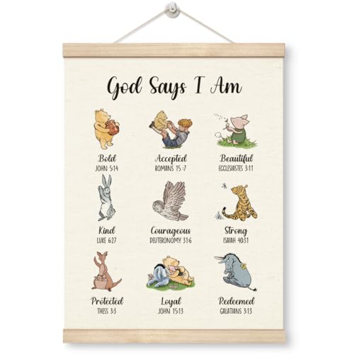 Image of WDSXWH Inspirational Bear Nursery Decor, Biblical Affirmations for Kids Canvas Wall Art, God Says I Am Poster, Classic Bear Wall Decor for Nursery Classrooms Bedroom Living Rooms
