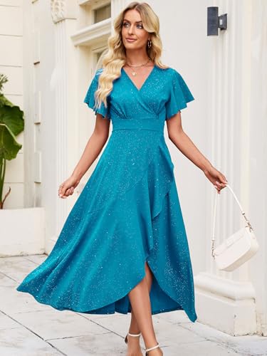 Image of Long Black Formal Dresses for Women Gowns Evening Party Cocktail Dress,Split Elegant V Neck Wrap Ruffle Wedding Guest Dresses