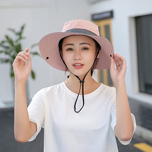 Npqquan Ponytail Sun Hat For Women 3” Wide Brim Upf 50+ Bucket Fishing Beach Hats Pink/Grey #TOP3