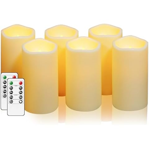 Lezonic Outdoor Waterproof Flameless Pillar Candles LED Battery Operated Candles with Timer and Remote Pack of 6 Ivory Flickering Flameless Candles Warm Yellow Light(D:3.25×H:6) for Patio Lanterns Cover
