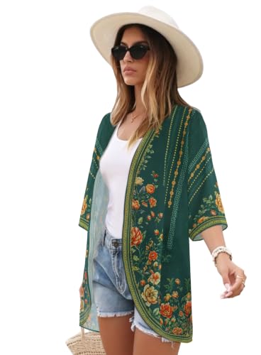 Image of CHICGAL Womens Floral Kimono Cardigan Beach Cover Up Casual Summer Tops | 2026 Puff Sleeve Open Front Chiffon Outfit,Hawaiian Shirt,Beach Vacation Swimwear, Plus Top,Boho ladies Blouse,Cruise Resort