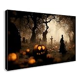 Halloween Home Decoration Spooky Grave Wall Art A Gothic Elf in Dark Forest with Jack O Lantern Everywhere Framed Horror Poster Decor for Living Room Bedroom 30x20in