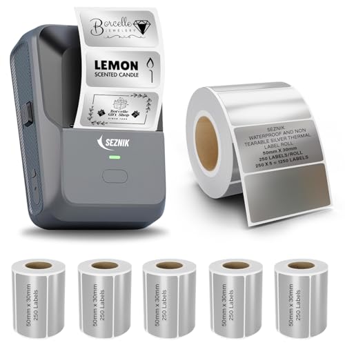 Image of SEZNIK Josh Bluetooth Thermal Label Printer with Silver 50x30 mm Self-Adhesive Thermal 1250 Labels | Inkless Portable Printer | Android & iOS Bluetooth Compatible