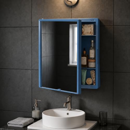 Image of BRANCO New Rich Look Bathroom Organizer Cabinet | Mirror with Shelf | 4 Shelves Storage Organizer | Wall Mounted Cabinet | for Home /Kitchen /Toilet (BRC-931) (Blue)