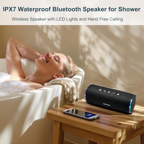 Portable Bluetooth Speaker, IPX7 Waterproof Wireless Outdoor Speaker, Interactive Tap-to-Play Fun, 25H Playtime, Bass Boosted, LED Lights, TWS Pairing for Beach, Pool, Shower, Gift, Purple