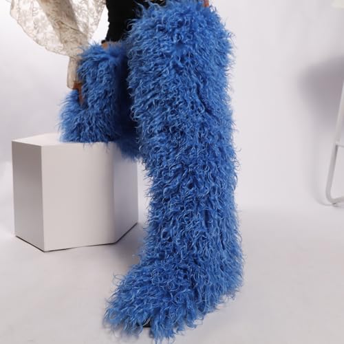 Image of Black Thigh High Fur Boots, Over the Knee Fluffy High Boots, Tall Furry shoes for Women