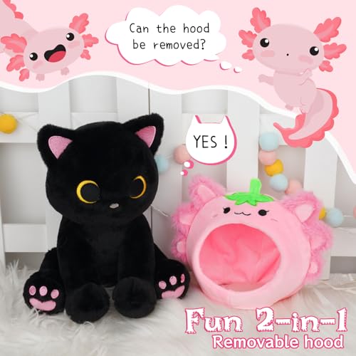 Image of Axolotl Plush Toys, 8inch Kawaii Black Cat Wear Strawberry Plush Hood | Cute Plushies for Girls Soft Stuffed Animal Doll, Axolotl Birthday Gifts for Kids Boys Adults, Room Decor
