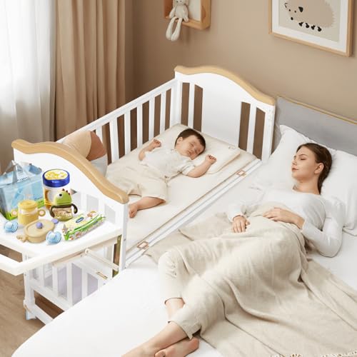 Image of Flwrgirl Baby Bassinets Bedside Sleeper - 6 in 1 Pine Wood Baby Bassinet,2-Layer Bedside Bassinet with Floating Shelf,Bassinet Bedside Sleeper Mini Crib with Mattress for Newborn,White