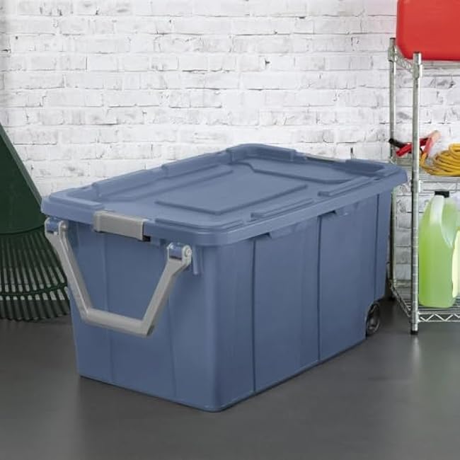 Storage Bin 40 Gallon 160 Qt Wheeled Industrial Tote Plastic Rolling Stacker Storage Box, Tough Lidded Stackable Storage Container for Home, Garage, and Camping Blue Moonlight Base and Lid 2-pack