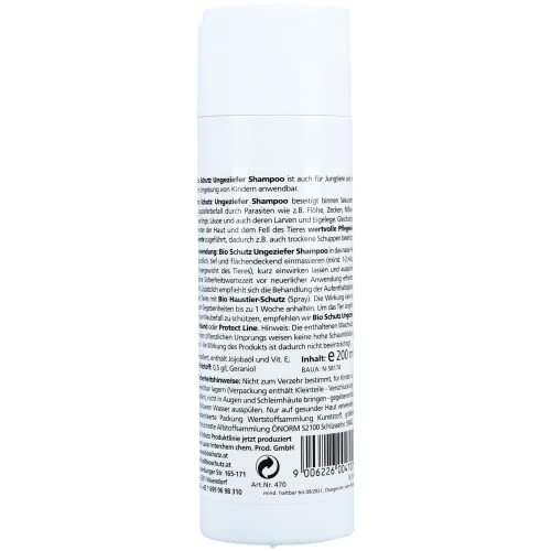 Bio Schutz Ungeziefer Shampoo 200 ml Flasche Gegen Flöhe, Zecken, Milben, Haarlinge und Läuse Beseitigt auch Larven und Eigelege