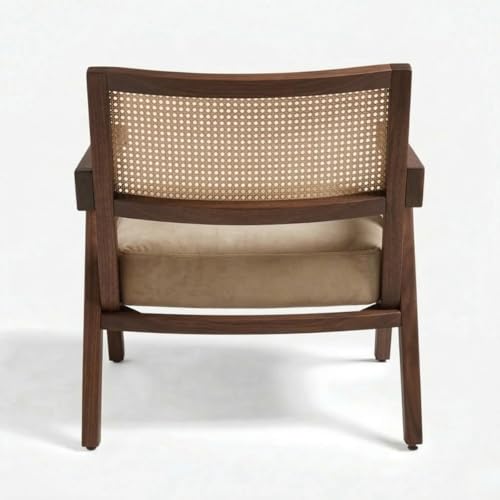 Image of Kingsman Furnitures ABEL Rattan Teak Wood Accent Arm Chair for Home Bedroom, Living, Dining, Drawing Room | Ultra Soft and Comfortable for Stress Free | Removable Cushion (KF-Walnut-Beige-Velvet)