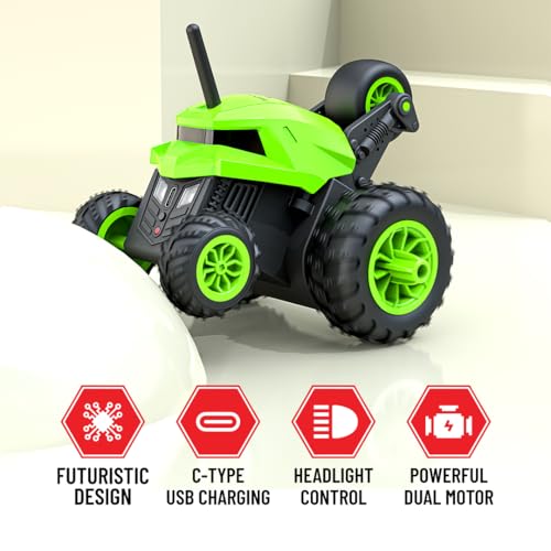 Image of Mirana Warrior 360 Remote Control Stunt RC Car for Kids | Dual Motor, 7 Auto Stunt Modes, Speed Boost & LED Headlights | Rechargeable Vehicle Toy (Neon Green)