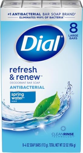 Dial Antibacterial Deodorant Bar Soap, Refresh & Renew Spring Water, 4 Oz, 32 Bars, Dermatologist Tested, With Clean Rinse Technology