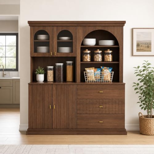 Image of ivaniti 71 inch Arched Kitchen Pantry Cabinet Set of 2, Dark Brown Freestanding Storage Hutch Combination with 1 Glass-Door Coffee Bar Cabinet and 1 Three-Drawer Open Shelf Cabinet for Kitchen