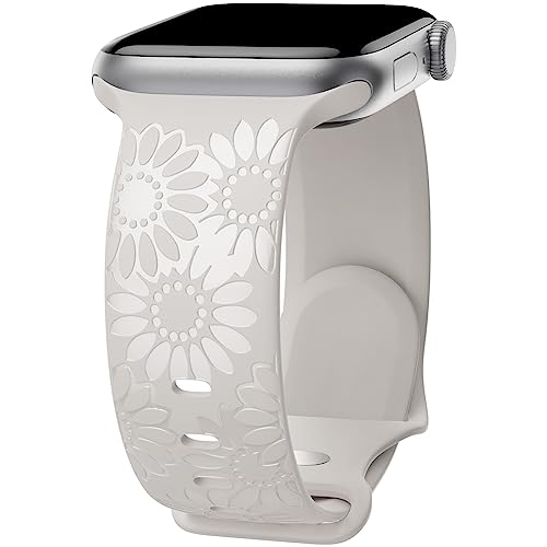 Image of Sunflower Engraved Band Compatible with Apple Watch Bands 38mm 40mm 41mm 42mm 44mm 45mm 49mm Women, Designer Soft Glossy Floral Silicone Strap for iWatch Series Ultra 11 10 9 8 7 6 SE 5 4 3 2 1