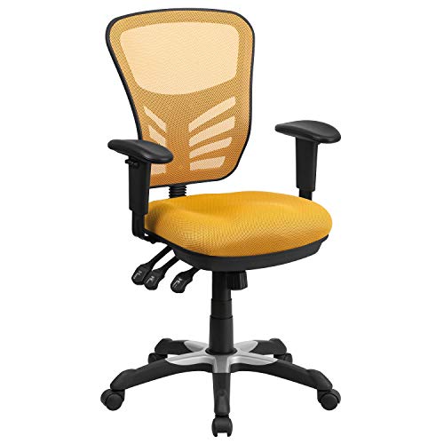 Flash Furniture Nicholas - Silla de Oficina ergonómica giratoria ejecutiva multifunción de Malla Amarilla y Naranja con Brazos Ajustables