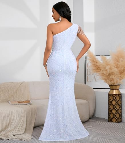 Image of Cololura Women Sequin Elegant Sexy One Shoulder Tassel Mermaid Bodycon Cocktail Evening Dress
