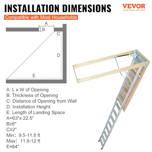 VEVOR Attic Ladder Foldable, 350-pound Capacity, 22.5" x 63", Multi-Purpose Aluminium Extension, Lightweight and Portable, Fits 9.5'-12' Ceiling Heights, Convenient Access to Your Attic Standard