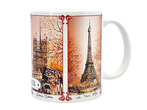 DESSAPT Arts - Paris 4 monuments en brun - Mug céramique 325 ml - Tasse-cadeau unique avec les magnifiques paysages parisiens - Imprimé en France - Blanc...