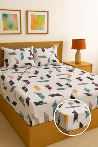 Image of Fitted Sheet White Multicolor Abstract Print Fitted Bedsheet | Glace Cotton 140 TC | King Size (72x78 inch) with 2 Pillow Covers (18x28 inch) | Deep Pocket up to 10 Inches - Soft & Comfortable
