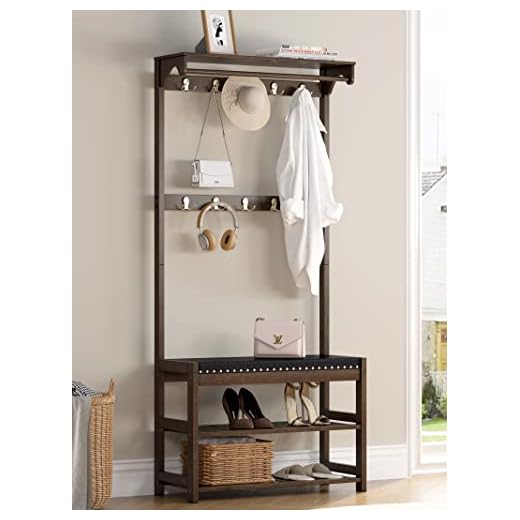 SEIRIONE Coat Rack with Shoe Bench Furniture, Bamboo Hall Tree Storage Organizer for Entryway with Faux Leather Cushion, 4 In 1 Design, 10 Double Hanging Hooks, 31.5 Inch Wide