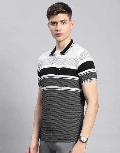 Image of Monte Carlo Mens Striped Cotton Blend Polo Collar Half Sleeve Regular Fit Casual T-Shirt (224064130)