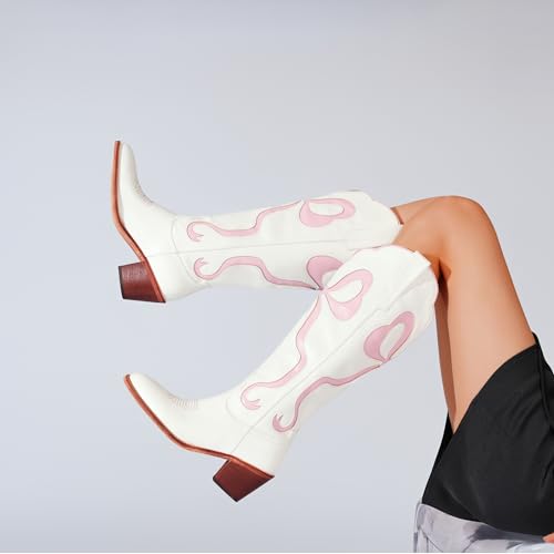 Image of Women's White Cowgirl Boots with Bow Knee High Cowboy Boots Almond Round Toe Chunky Heel Embroidered Western Cowboy Boots for Women