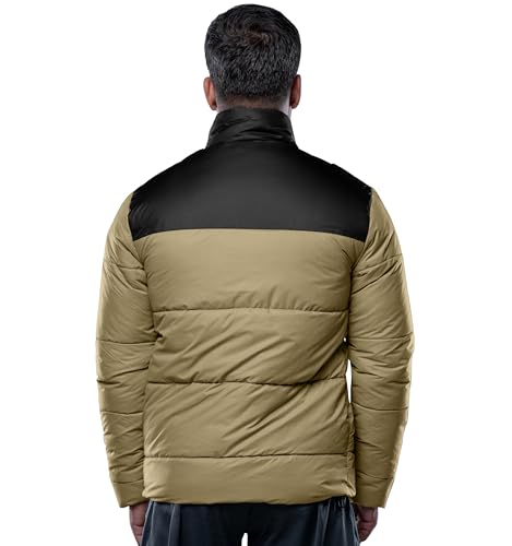 Image of URBAN BUCK Mens Puffer Jacket Midweight Long Sleeve Henry Beige Windproof Winter Recycled Down Water Repellent Climbing Men Coat (XL)