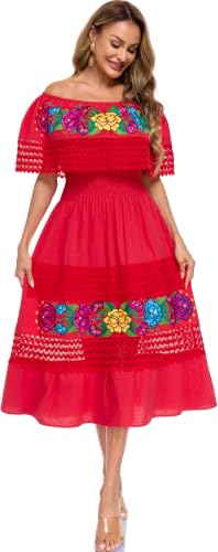 Image of YZXDORWJ Women Embroidered Mexican Peasant Casual Sexy Lace Off-Shoulder Long Dress