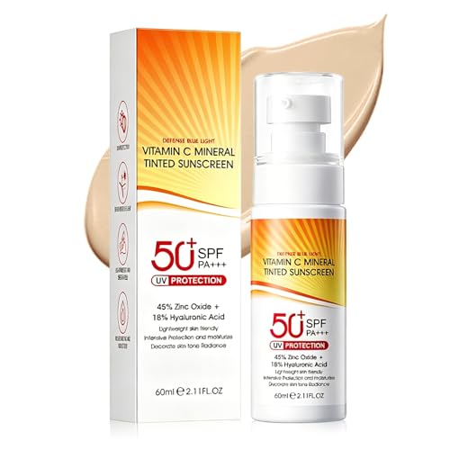 Image of Zinc Oxide Sunscreen with Vitamin C, SPF 50 Mineral Tinted Sunscreen, Broad Spectrum UVA/UVB Protection Factor 50 Sun Cream, Lightweight Non-Greasy Face & Body Sunscreen for Outdoor & Beach