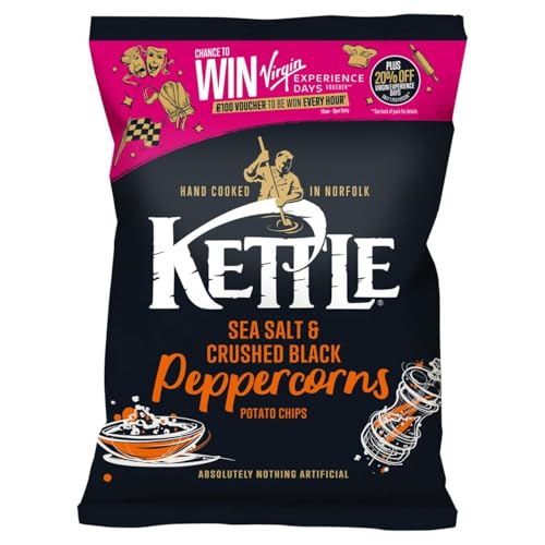 Kettle Chips Sea Salt & Crushed Black Peppercorn Crisps, 130g, Sharing Pack, Hand Cooked in Norfolx, Absolutely Nothing Artificial, Gluten-Free, British Potatoes, Suitable for vegans, Kosher - KLBD