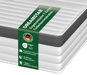 DREAMSTAR Gold Taschenfederkernmatratze 80 x 200 cm H3 | Ergonomische 7-Zonen Matratze | 21 cm Höhe | Hypoallergen & Antibakteriell | Oeko-TEX® | Doppeltuch-Bezug waschbar | 21cm, 80x200cm