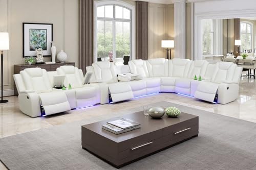 Image of Power Recliner Sectional Sofa Set, Living Room Furniture Sets, L-Shaped Recliner Sofa & Loveseat, Breathing Leather Sectional Reclining Couch with Cup Holders for Living Room