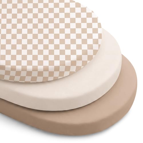 Image of Konssy 3 Pack Stretchy Bassinet Sheets for Baby Girl Boy, Soft Breathable Baby Bassinet Mattress Sheets Fit for Hourglass Oval Cradle, Moses Basket Rectangle Mattress (Coffee Check)