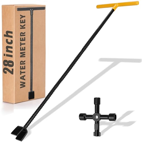 Image of Winisok 28 Inch Water Meter Key With 4 Way Multi Functional Utilities Key, Enforced Rebar Water Shut Off Tool Wrench T handle for Curb Main and Water Meters