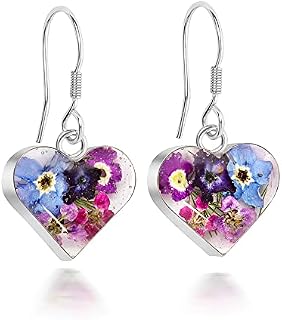Sterling Silver Heart Drop Earrings Made With Real Flowers Purple Mix