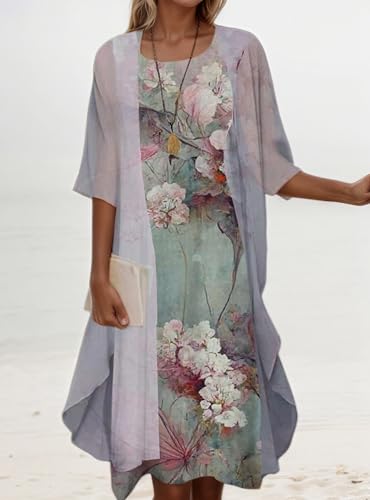 Women Boho Floral Two Piece Set Dress Flowy Wedding Guest Bride Mother Midi Dress with 3/4 Sleeve Chiffon Jacket2