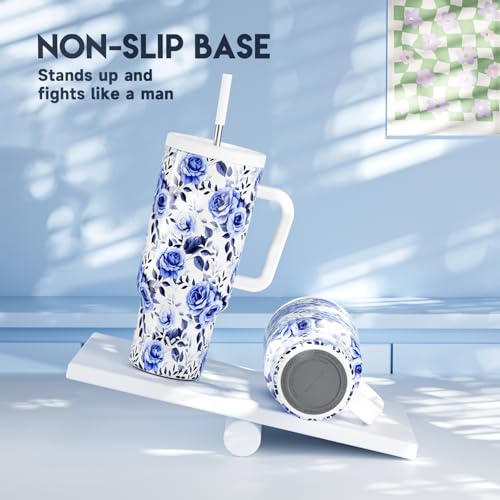 Meoky 40 oz Tumbler with Handle and Straw: Stainless Steel Insulated Tumbler with Lid and Straw - 100% Leak Proof Tumbler for Car Cup Holders - Travelers Commuters Workers, Blue Rose