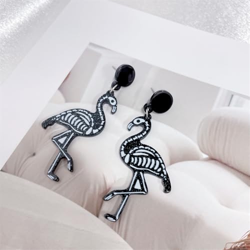 Unique Black Flamingo Skeleton Halloween Dangle Drop Earrings for Women Men Punk Animal Gothic Lightweight Dangling Round Disc Stud Hypoallergenic Fashion Party Jewelry Gift4
