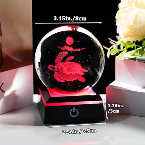Image of Arikyrist 3D Crystal Ball Sea Turtle Figurine with LED Base Laser Sea Turtle Gifts for Women Men on Christmas Birthday Decorative Turtle Ball Glass Sea Turtle Globe Night Light for Home Decor (80mm)