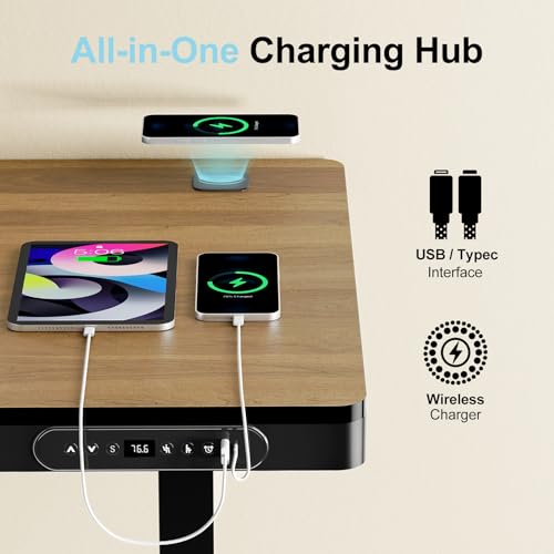 Image of Electric Standing Desk with Drawer and Wireless Charging, 48 Inch Sit Stand Desk with USB Charging Station, Hidden Cable Management Tray, Height Adjustable Computer Desk for Home Office, Walnut