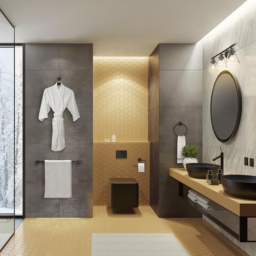 Image of Globe Electric 50192 Parker 5-Piece All-In-One Bathroom Set, Oil Rubbed Bronze, 3-Light Vanity Light with Clear Glass Shades, Towel Bar, Towel Ring, Robe Hook, Toilet Paper Holder, Oil-rubbed Bronze